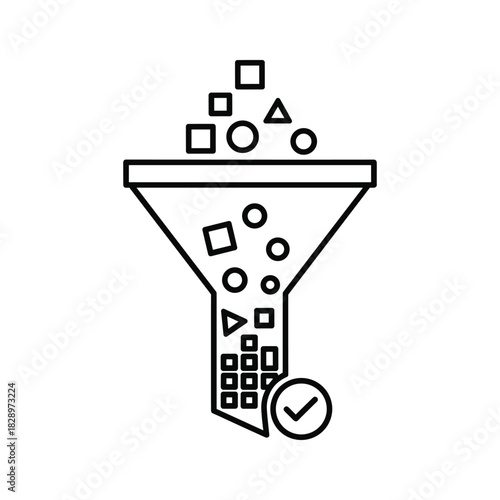 Black and white line icon representing data filtering process with various shapes going through a funnel and a checkmark indicating success