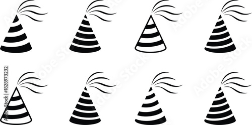 Eight black and white striped party hats with swirling tops are playfully arranged on a clean white background