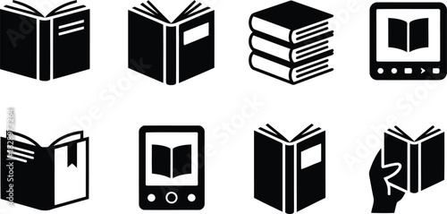 Eight black silhouette icons illustrating various aspects of books and e reading