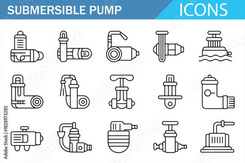 Hydraulic and submersible pump clean line icon set