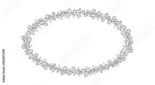 Delicate and elegant oval-shaped floral frame made from hand-drawn vines and blossoms in a clean black and white outline style.
