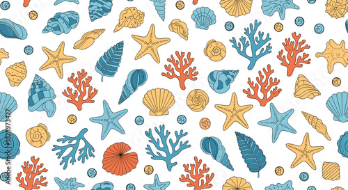 Colorful seamless pattern of various hand-drawn sea shells starfish and coral creating a beautiful and vibrant underwater background.