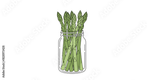 Hand-drawn illustration of fresh green asparagus spears arranged neatly inside a clear glass mason jar on a white background.