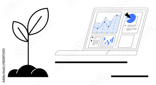 Sprouting plant next to laptop displaying data charts and graphs. Ideal for business, sustainability, growth strategy, data analysis, technology, innovation, environmental responsibility. A simple