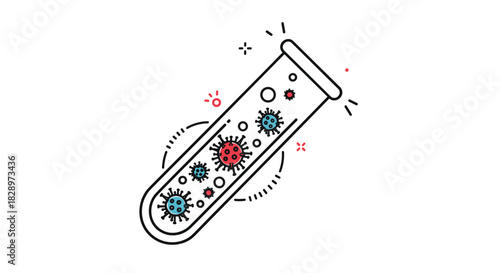 Modern line art icon of a tilted science test tube containing various red and blue virus or bacteria particles for analysis.