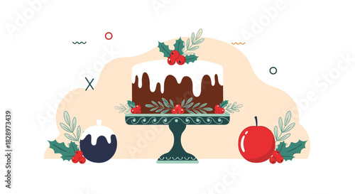 Festive Christmas dessert scene with a traditional fruit cake on a stand a pudding and an apple decorated with holly leaves.
