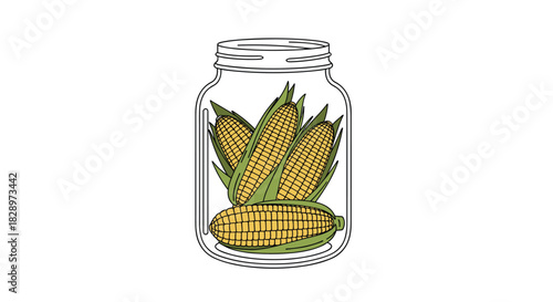 Hand-drawn illustration of several fresh yellow corn cobs with green husks preserved inside a clear glass mason jar outline.