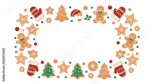 Festive Christmas frame made of cute gingerbread cookies including men trees stars and mittens decorated for the holiday season.