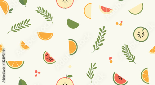 Seamless pattern of colorful fruit slices and green leaves including orange apple and watermelon creating a fresh summer background.