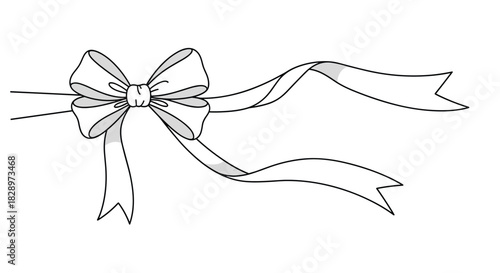 Elegant and classic bow with long flowing ribbons in a clean black and white outline drawing style perfect for decorations.