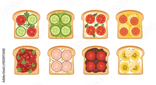 Set of eight delicious and healthy open-faced sandwiches or toasts with a variety of fresh toppings on a white background.