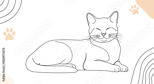 Minimalist one-line drawing of a contented cat lying down complemented by abstract shapes and paw prints in a gentle background.