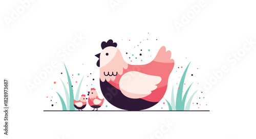 Charming flat illustration of a mother hen with her two small cute chicks standing in the grass on a clean background.