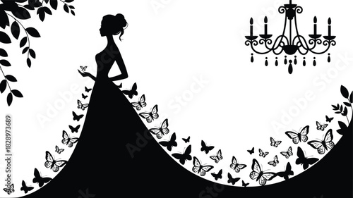 Elegant woman in a flowing gown with butterflies emerging, framed by branches and a small chandelier