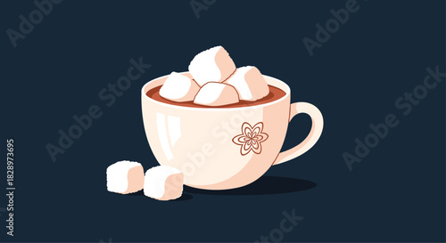 Cozy illustration of a warm cup of hot chocolate or cocoa topped with fluffy marshmallows on a dark blue background.
