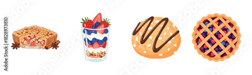 Assorted desserts: berry tart, parfait, cream puff, lattice pie