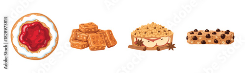 Variety of sweet desserts: jam cookie, toffee, apple crumble, chocolate chip bar