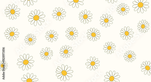 Charming seamless pattern of hand-drawn daisy or chamomile flowers scattered on a light background creating a sweet floral design.