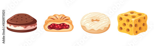 Assorted sweet treats: ice cream sandwich, fruit pastry, glazed donut, cheese cube