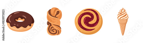 Assorted pastries and desserts including donut, croissant, cookie, and ice cream cone