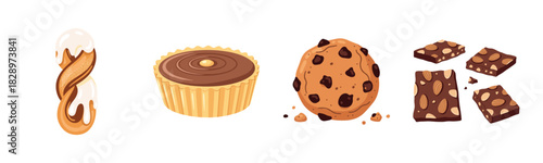 Collection of sweet treats: éclair, chocolate tart, cookie, and nutty chocolate bars