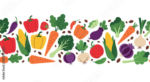 Seamless horizontal border pattern made of various colorful and healthy flat design vegetables for a fresh and organic banner.