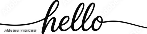 Elegant black script text spelling hello with a flowing line on a pristine white surface