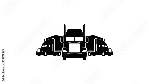 Vector illustration of black and white silhouette icon of three semitrucks or tractortrailers isolated on transparent background