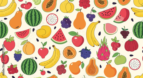 Colorful and vibrant seamless pattern of various fresh tropical and summer fruits creating a healthy and delicious background design.