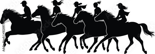 Energetic silhouettes of multiple horse riders showcasing a powerful gallop across a clean white background