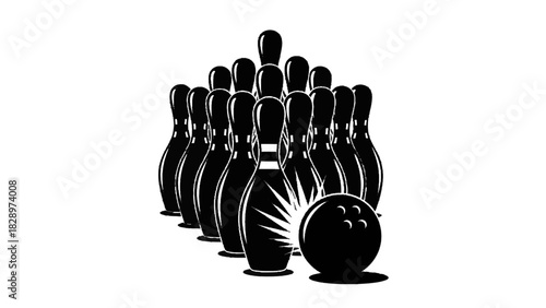 Vector illustration of black and white graphic illustration of a bowling ball about to strike a set of ten pins isolated on transparent background