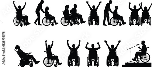 Black silhouette vector set showing diverse people in wheelchairs, including scenes of celebration, assistance, independence, and public speaking, promoting inclusion