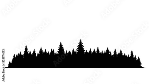 Vector illustration of black silhouette of dense evergreen forest line isolated on transparent background for nature design