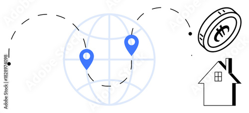 Globe with locations marked by pins, cryptocurrency coin in motion, and house icon. Ideal for finance, blockchain, technology, investment, remittance globalization and connectivity concepts. Simple