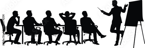 Black silhouette vector graphic of a business meeting, presentation, or training session with a speaker and seated audience members discussing charts on a flip chart.