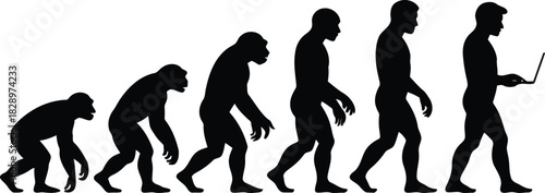 A sequence of human evolution silhouettes progressing from ape to modern human with a laptop