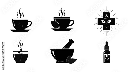 Vector illustration of set of black herbal tea and natural medicine icons for healthy drink and wellness concept isolated on transparent background
