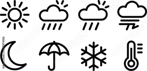 Essential weather forecast icons featuring sun, clouds, rain, moon, umbrella, and temperature measurements