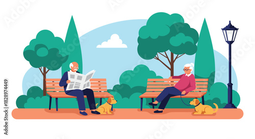 Elderly couple relaxing on separate park benches with their dogs on a beautiful day with green trees and a blue sky.