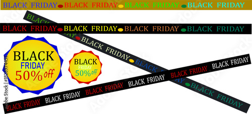 Black Friday Promotion Sale Banner, colorful ribbons for black friday sale on black background. Crossed ribbons. Big sale. Graphic elements. Vector illustration