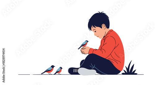 Gentle young boy in a red shirt sitting on the ground and carefully holding a small bird with other birds looking on.
