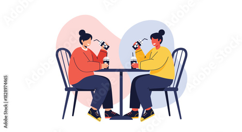 Two happy twin sisters or friends sitting at a cafe table talking and enjoying a cold beverage together in a modern illustration.