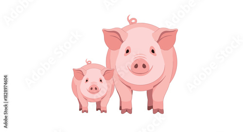 Cute cartoon illustration of a happy mother pig standing next to her adorable little piglet on a white background.