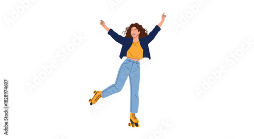Joyful young woman with curly hair and arms raised in excitement has fun while riding on bright yellow roller skates.