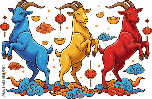 Three Zodiac Goats in a Row – High-Detail New Year Vector Art