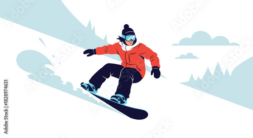 Dynamic illustration of a snowboarder in a red jacket and goggles carving down a snowy mountain slope on a winter day.