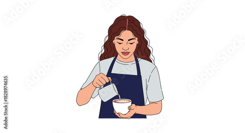 Skilled female barista with long curly hair carefully pouring steamed milk from a pitcher to create beautiful latte art.