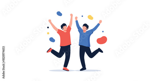 Two excited young men jumping for joy with their arms raised in celebration against a background of colorful shapes.