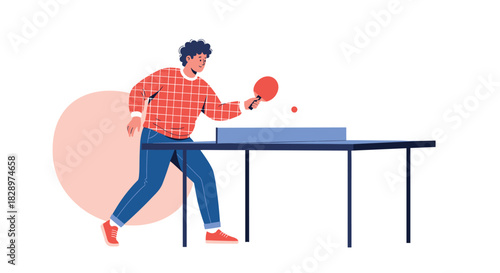 Young man in a red plaid sweater actively playing a game of table tennis with a paddle and ball in a dynamic pose.