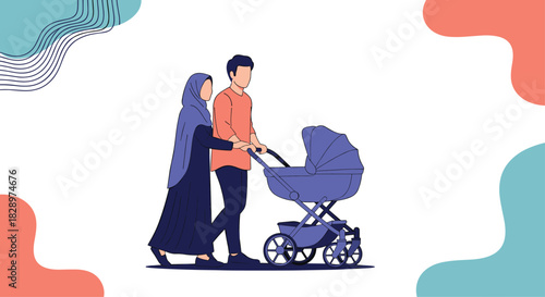 Modern illustration of a young Muslim couple taking a walk together while pushing their baby in a blue stroller.